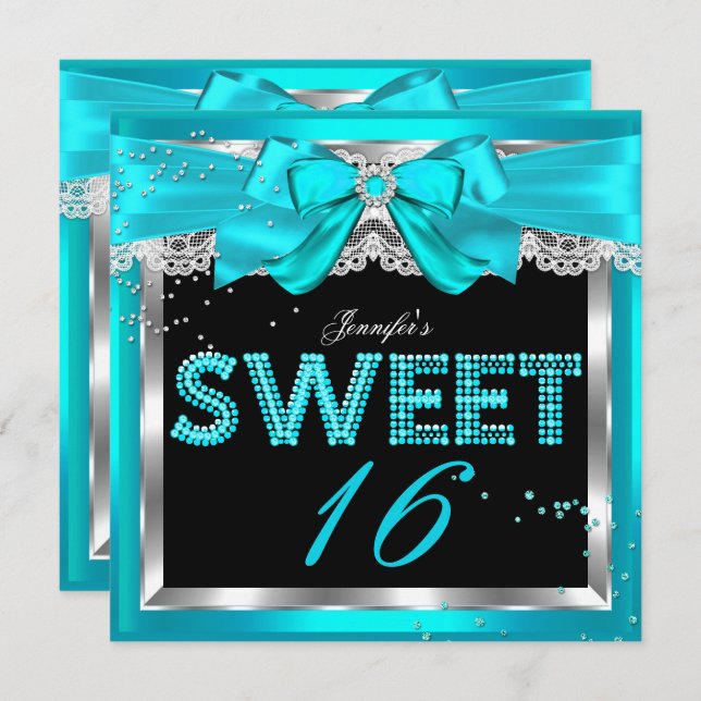 Sweet 16 Teal Blue Glitter Glam Birthday Party Invitation (Front/Back)