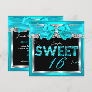 Sweet 16 Teal Blue Glitter Glam Birthday Party Invitation