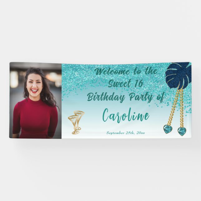 Sweet 16 Teal Blue Glitter, Heart Gems & Photo Banner (Horizontal)