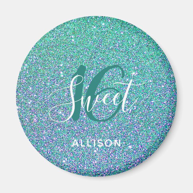 Sweet 16 Teal Blue Glitter Party Favour Magnet (Front)