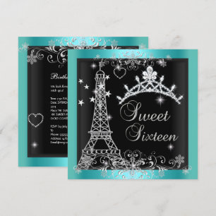 Sweet 16 Teal Blue Glitter Tiara Eiffel Tower 2 Invitation