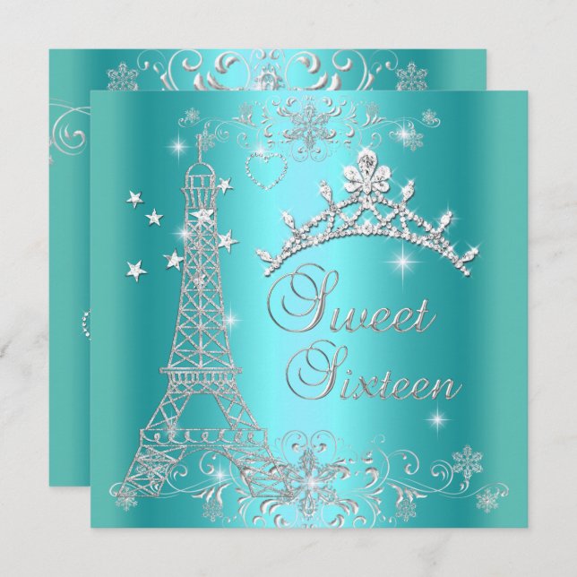Sweet 16 Teal Blue Glitter Tiara Eiffel Tower Invitation (Front/Back)