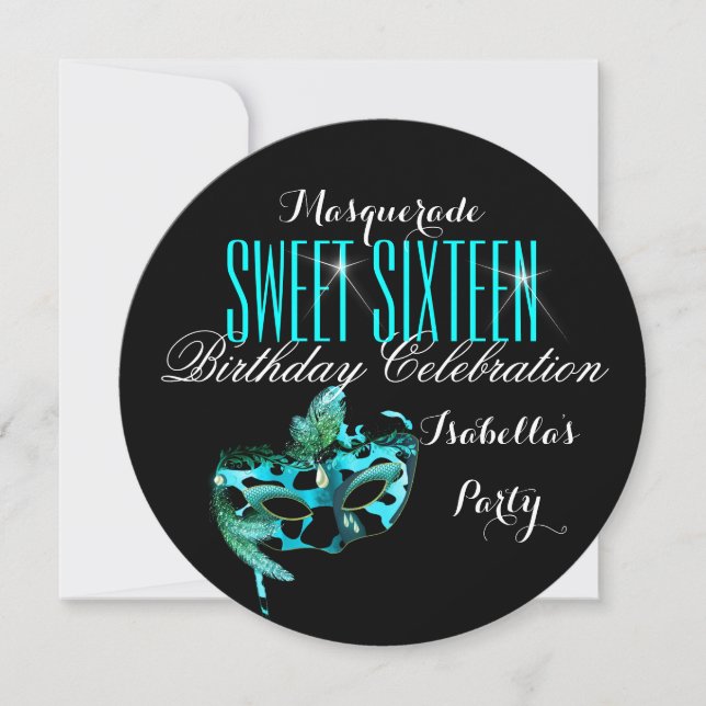 Sweet 16 Teal Blue Mask Masquerade Birthday Party Invitation (Front)