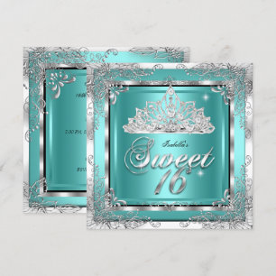 Sweet 16 Teal Blue Silver Diamond Tiara Party Invitation