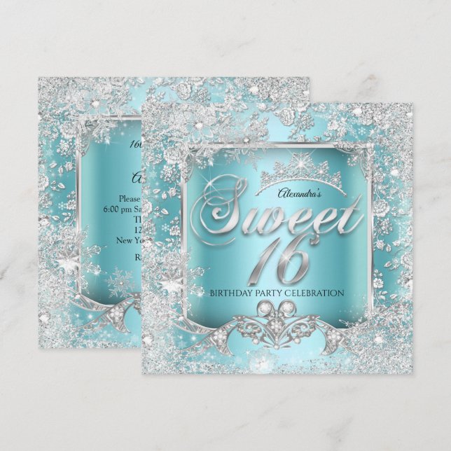 Sweet 16 Teal Blue Silver Tiara Winter Wonderland Invitation (Front/Back)