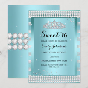 Sweet 16 Teal Blue Sparkle Tiara Birthday Party Invitation