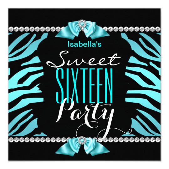 Sweet 16 Teal Blue Zebra Black White Birthday Card