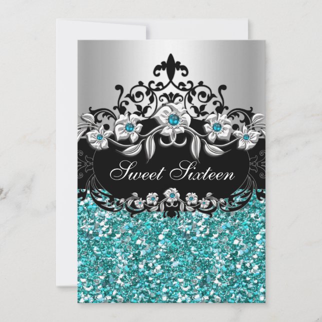 Sweet 16 Teal Floral Glitter Party Invitation (Front)