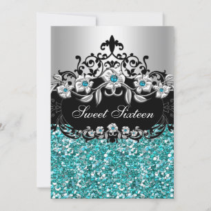 Sweet 16 Teal Floral Glitter Party Invitation