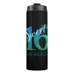 Sweet 16   Teal Green Grunge and Faux Glitter Thermal Tumbler
