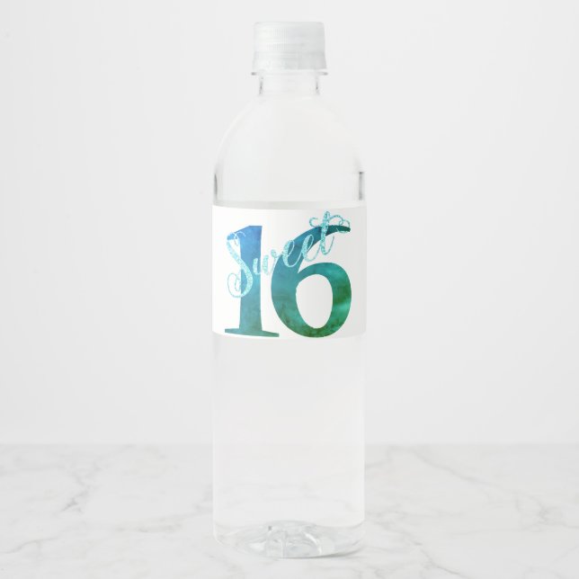 Sweet 16 | Teal Green Grunge and Faux Glitter Water Bottle Label (Front)