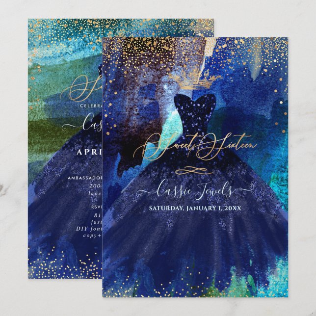Sweet 16 Teal Navy Blue Watercolor Gown Invitation (Front/Back)