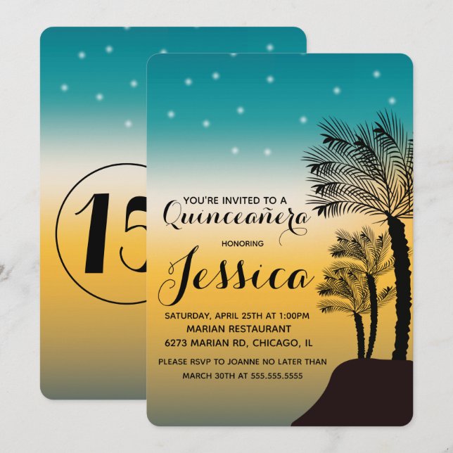 Sweet 16 | Teal Ombre Sunset Beach Tropical Invitation (Front/Back)
