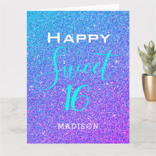 Sweet 16 Teal Purple Glitter Birthday Personalised Card