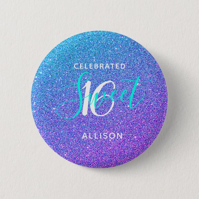 Sweet 16 Teal Purple Glitter Name Party Favor 6 Cm Round Badge (Front)
