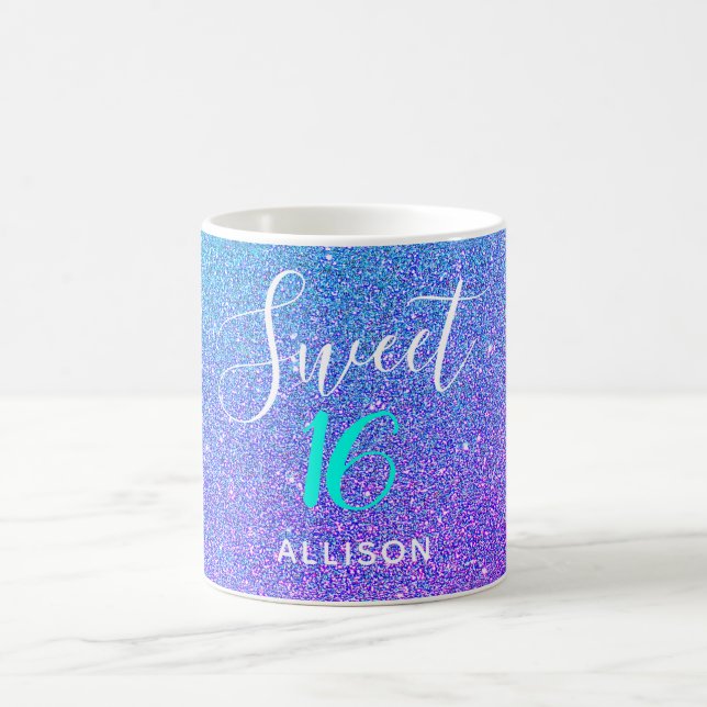 Sweet 16 Teal Purple Glitter Ombre Personalised Coffee Mug (Center)