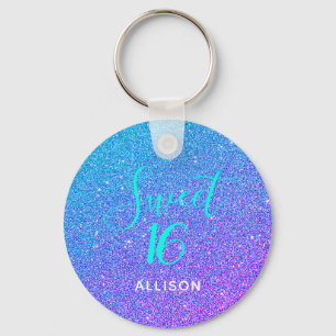 Sweet 16 Teal Purple Glitter Ombre Personalised Key Ring