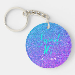Sweet 16 Teal Purple Glitter Ombre Personalised Key Ring
