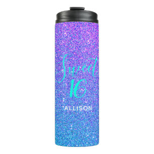 Sweet 16 Teal Purple Glitter Ombre Personalised Thermal Tumbler