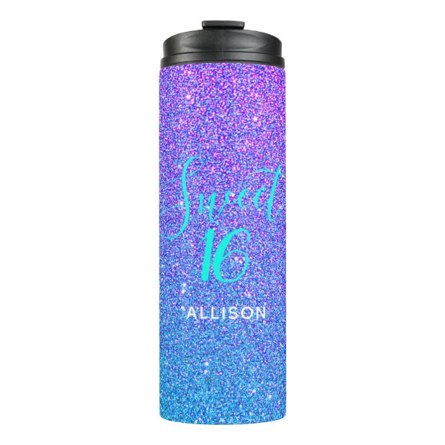 Sweet 16 Teal Purple Glitter Ombre Personalised Thermal Tumbler (Front)
