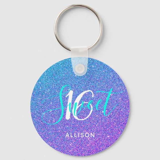 Sweet 16 Teal Purple Glitter Ombre Personalized Key Ring (Front)