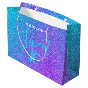 Sweet 16 Teal Purple Glitter Personalised Large Gift Bag