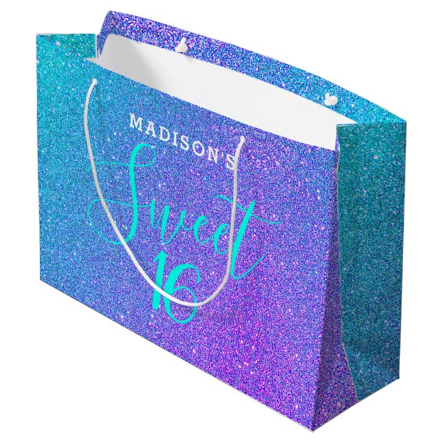 Sweet 16 Teal Purple Glitter Personalised Large Gift Bag (Back Angled)