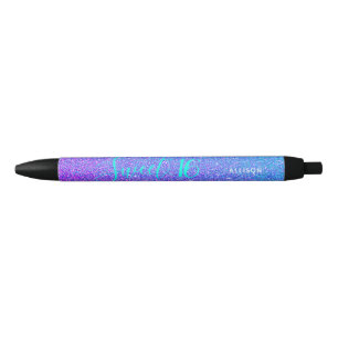 Sweet 16 Teal Purple Glitter Personalised Name Black Ink Pen