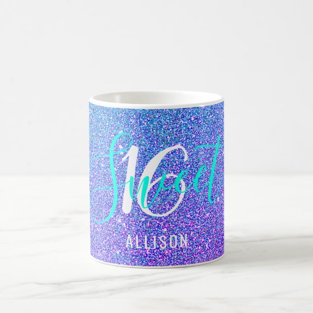 Sweet 16 Teal Purple Glitter Personalised Name Coffee Mug (Center)
