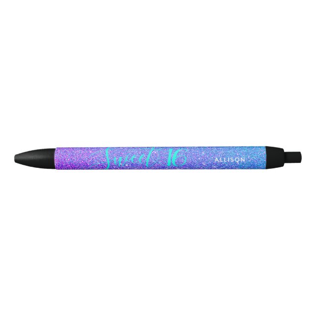 Sweet 16 Teal Purple Glitter Sparkle Personalised Black Ink Pen (Front)