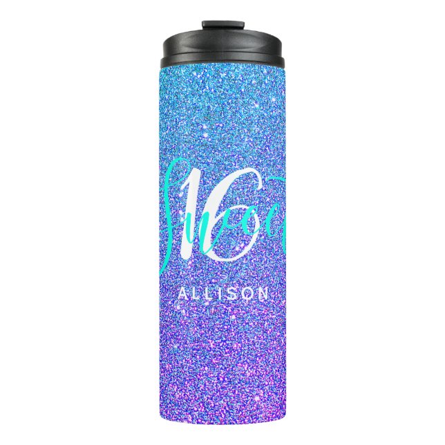 Sweet 16 Teal Purple Glitter Sparkle Personalised Thermal Tumbler (Front)