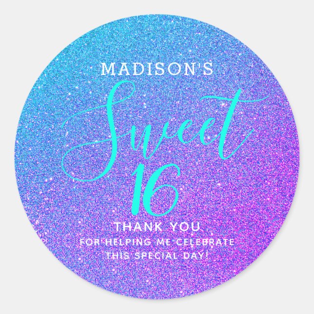 Sweet 16 Teal Purple Glitter Thank You Monogram Classic Round Sticker (Front)