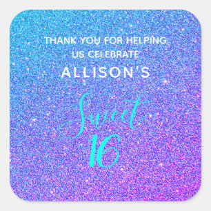 Sweet 16 Teal Purple Glitter Thank You Monogram Square Sticker