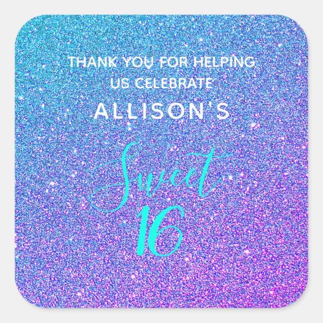 Sweet 16 Teal Purple Glitter Thank You Monogram Square Sticker (Front)