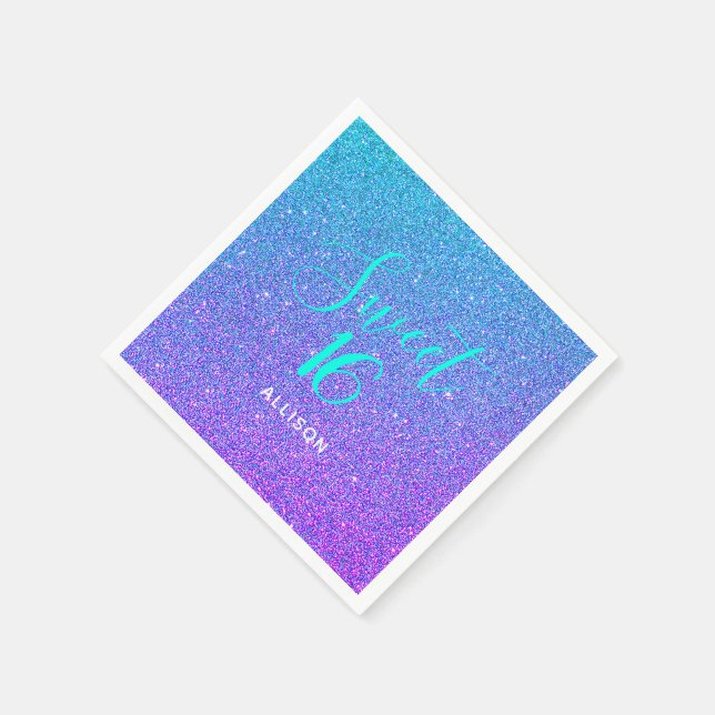 Sweet 16 Teal Purple Ombre Glitter Personalised Napkin (Corner)