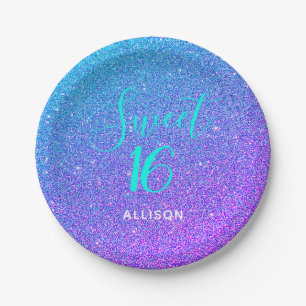 Sweet 16 Teal Purple Ombre Glitter Personalised Paper Plate