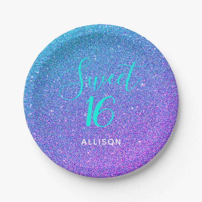 Sweet 16 Teal Purple Ombre Glitter Personalised Paper Plate (Front)