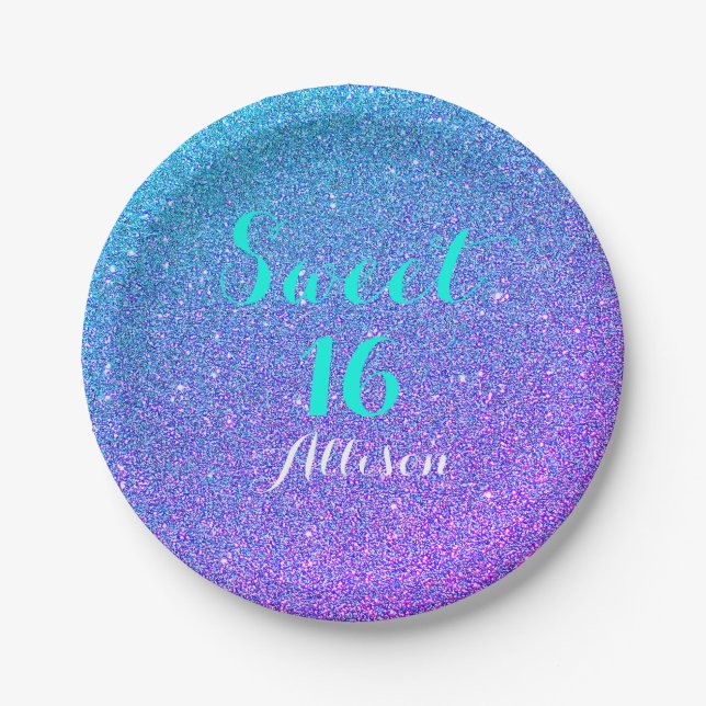 Sweet 16 Teal Purple Ombre Glitter Sparkling Paper Plate (Front)