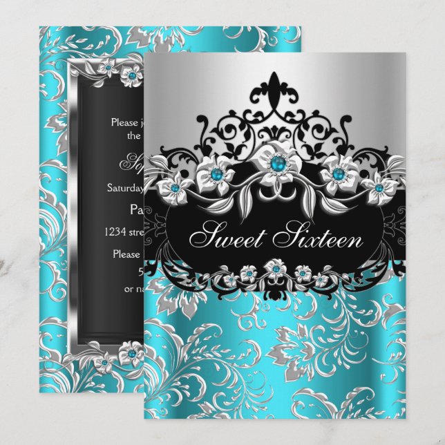 Sweet 16 Teal Silver Black Floral Jewel Party Invitation (Front/Back)