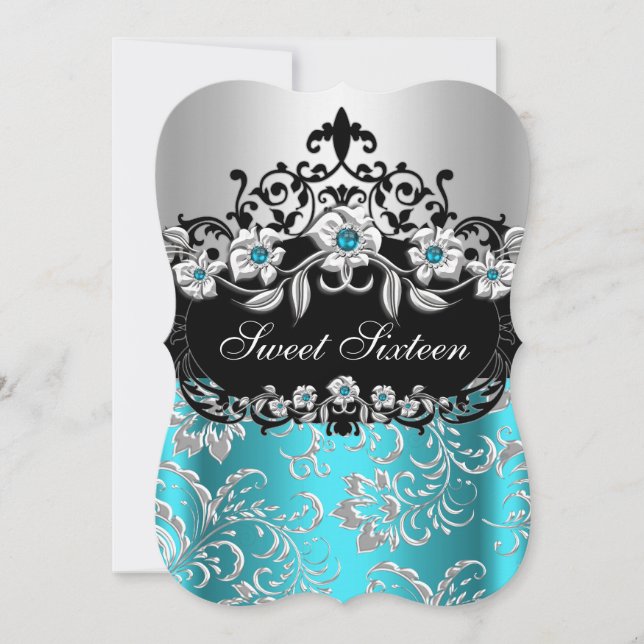 Sweet 16 Teal Silver Black Floral Jewel Party Invitation (Front)
