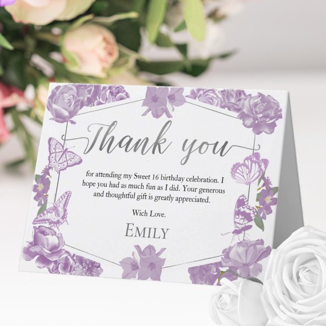 Sweet 16 Thank You Card Butterfly Lavender Floral (Creator Uploaded)