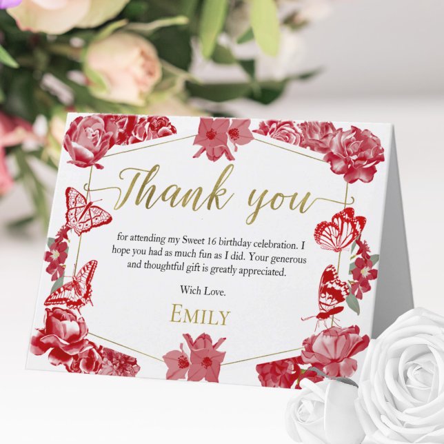 Sweet 16 Thank You Card Butterfly Red Floral Gold  (Creator Uploaded)