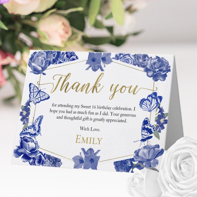 Sweet 16 Thank You Card Butterfly Royal Blue (Creator Uploaded)
