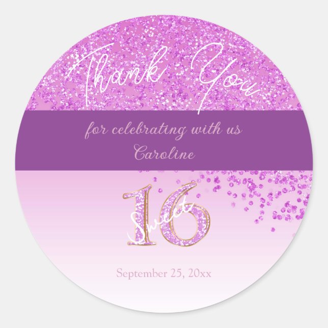 Sweet 16 Thank You Falling Pink Glitter Classic Round Sticker (Front)