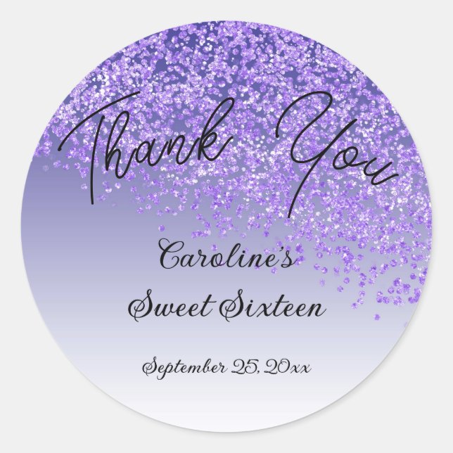 Sweet 16 Thank You Falling Purple Glitter Classic Round Sticker (Front)