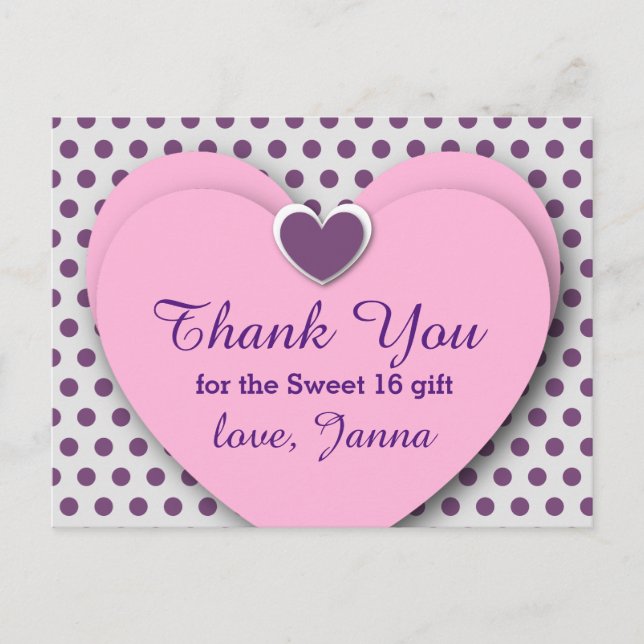 SWEET 16 Thank You Hearts Purple Polka Dots B07 Postcard (Front)