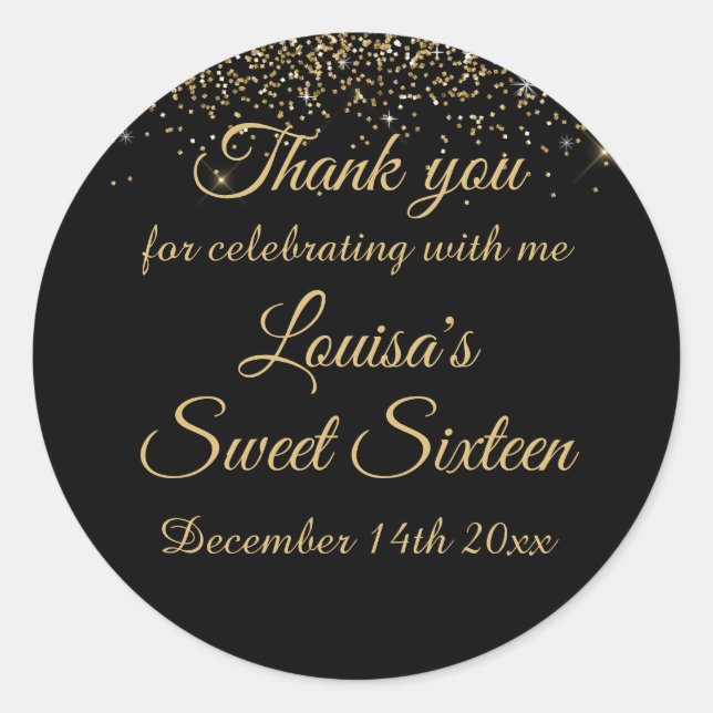Sweet 16 Thank you Stickers Black & Gold Glitter (Front)