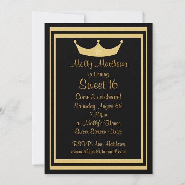 Sweet 16 Tiara Black & Gold Customisable Invitation (Front)