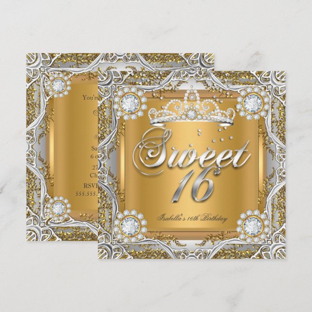 Sweet 16 Tiara Gold Silver Diamond Birthday Party Invitation (Front/Back)