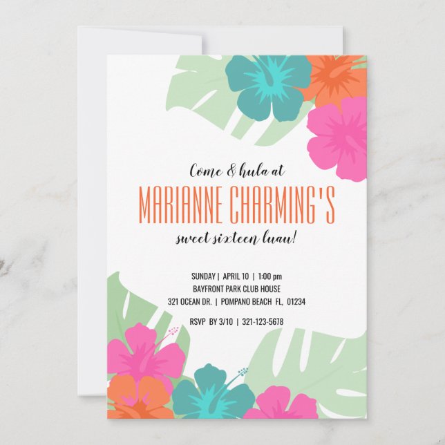 SWEET 16 tropical BIRTHDAY LUAU bright floral Invitation (Front)